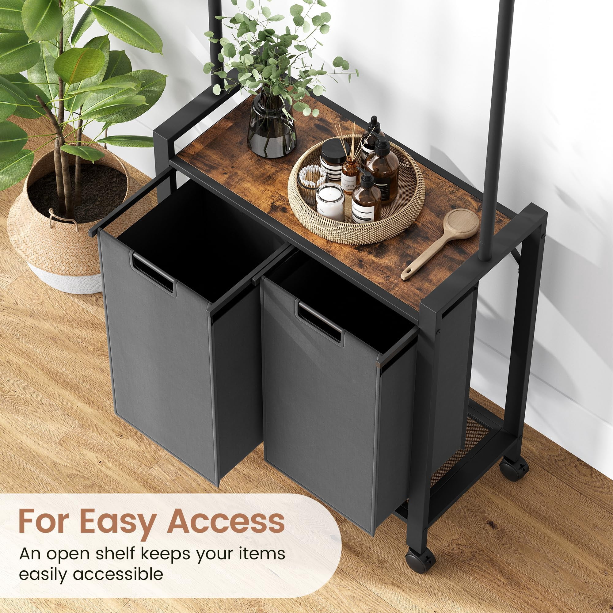 2-Section Rolling Laundry Sorter with Hanging Rack & Wheels, Laundry Hamper Organizer for Laundry Room