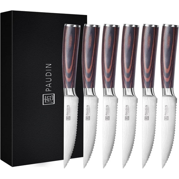 PAUDIN Steak Knives Set of 6, Kitchen Steak Knife 4.5 Inch, High Carbon Stainless Steel Steak Knives, Serrated Steak Knife with Pakkawood Handle, Dinner Knives with Gift Box