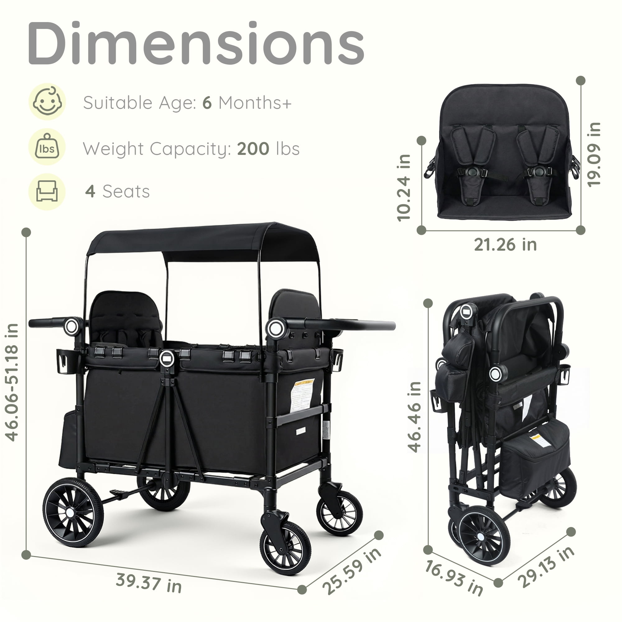 LINLUX Wagon Stroller for 4 Kids, Stroller Wagon 4 Seats w/Adjustable Handle, Detachable Tray, Black