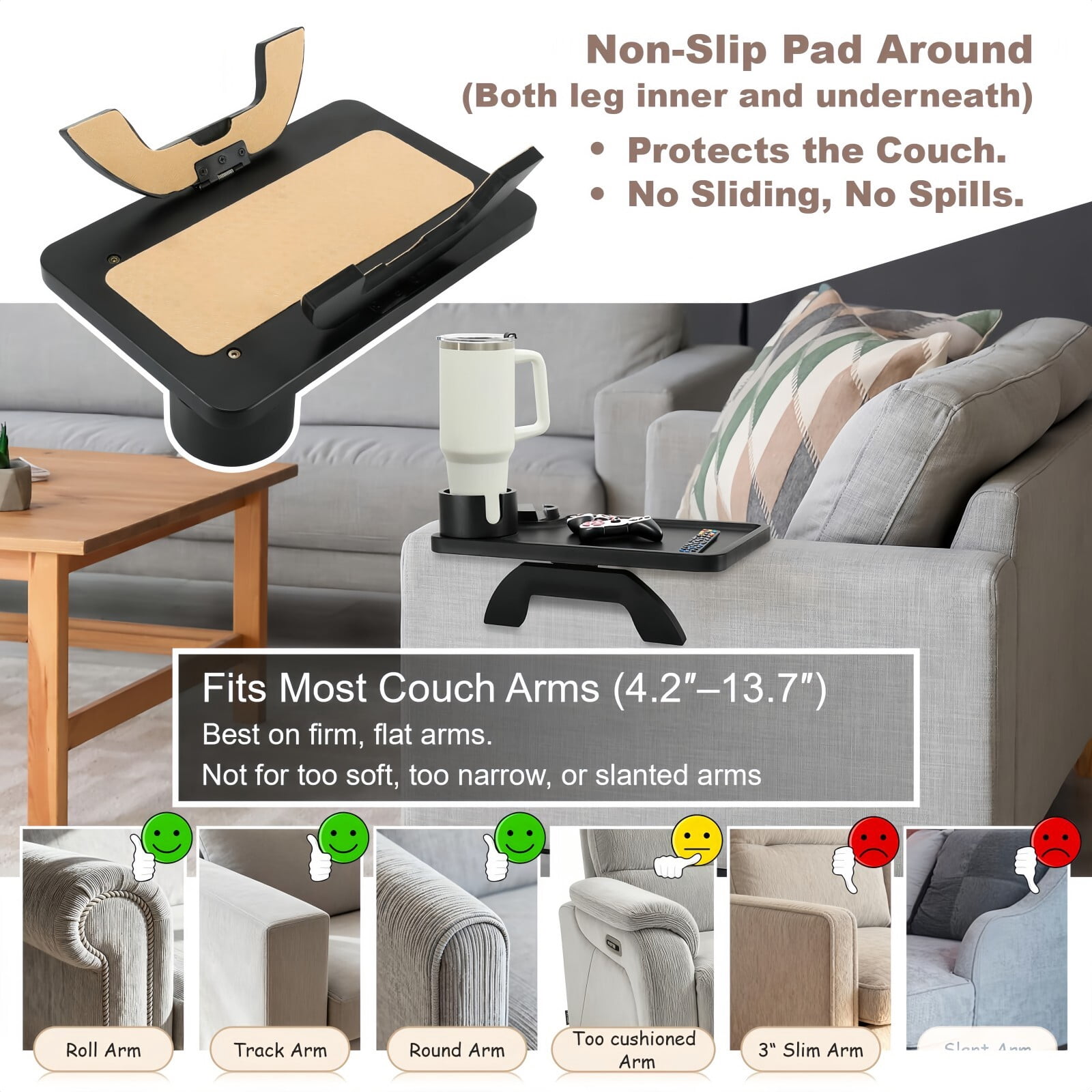 Kelno Couch Armrest Tray 3 in 1 Sofa Arm Tray Table with Swivel Cup Holder Phone Stand, Black
