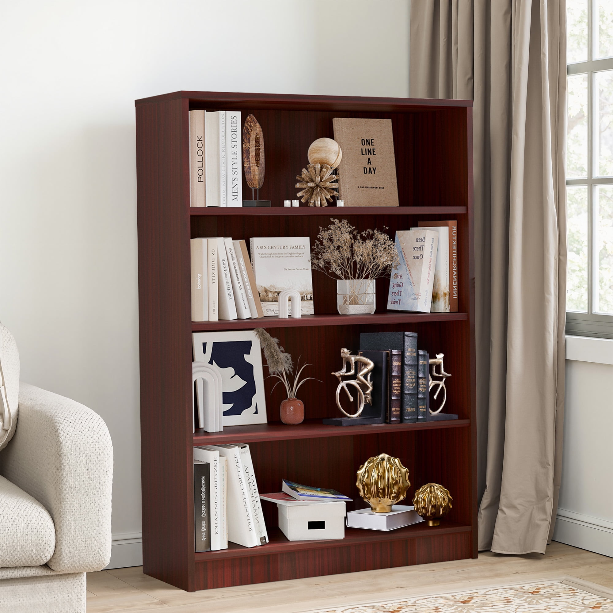 MAYEERTY Mahogany 4-Shelf Modern Wood Bookcase, 48" Tall, for Bedroom, Living Room, and Manga Library