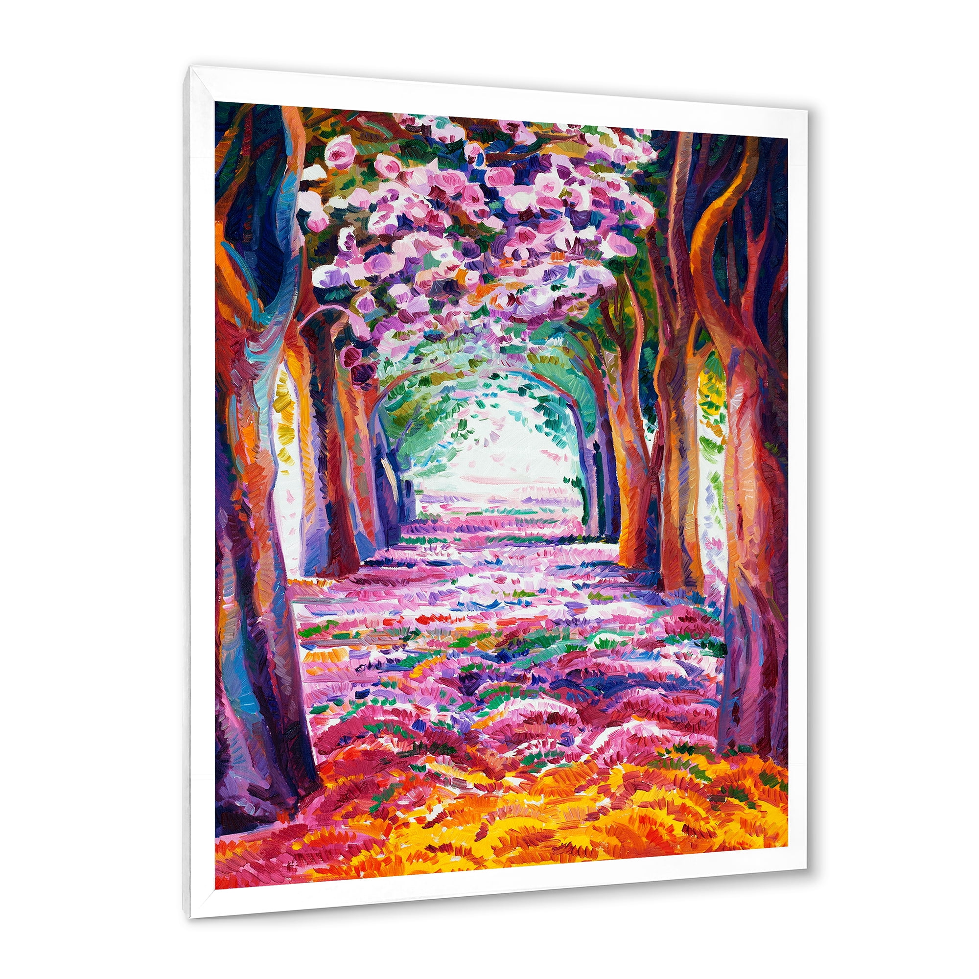 Pink Flowering Colorful Spring Forest 12 in x 20 in Framed Painting Canvas Art Print, by Designart