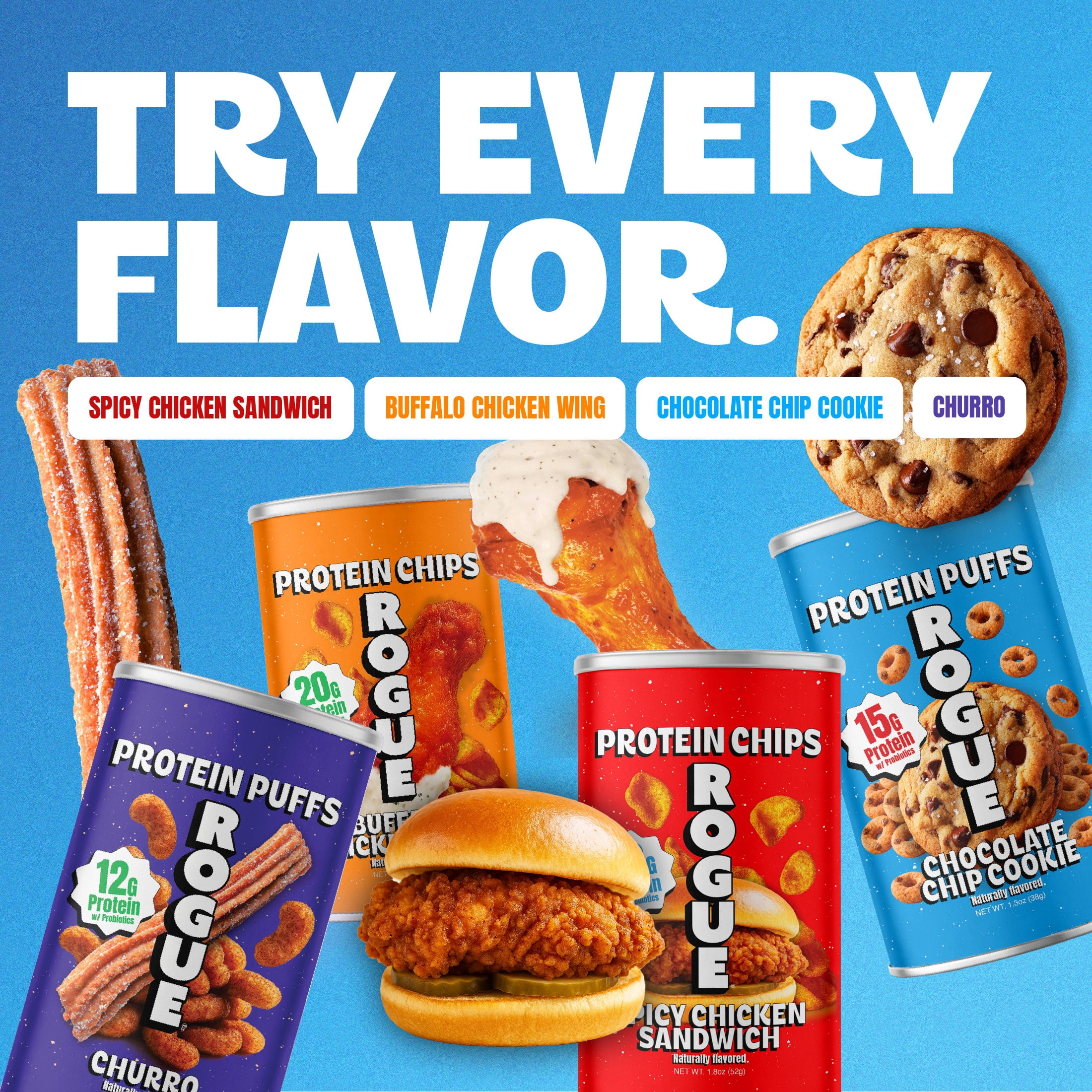 Rogue Snacks, Chocolate Chip Cookie Puffs, 15g Of Protein, Probiotics, 1.3 oz Can