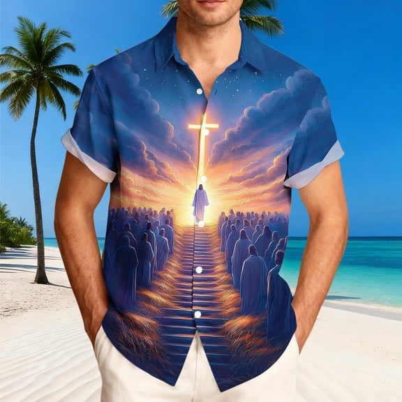 Xcmzpl Mens Hawaiian Shirt Camp Collar Button Down Shirts Big and Tall Short Sleeve Casual Tops for Holiday Beach Party Blue M