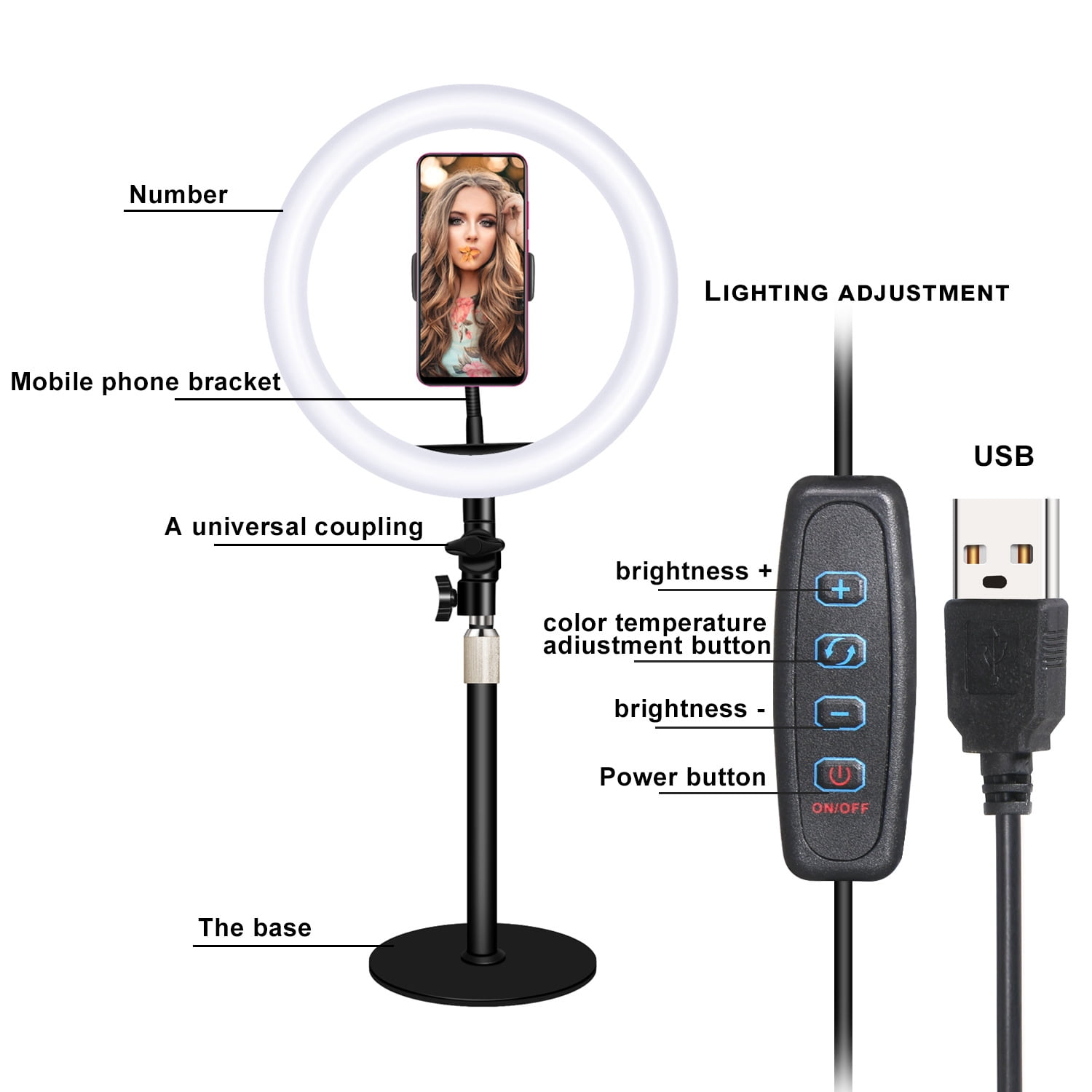 10-inch USB Ring Light for Desk or Table 3 Light Modes with Flexible Smartphone Stand  Streaming  YouTube Makeup TutorialsTikTok or Selfies Black