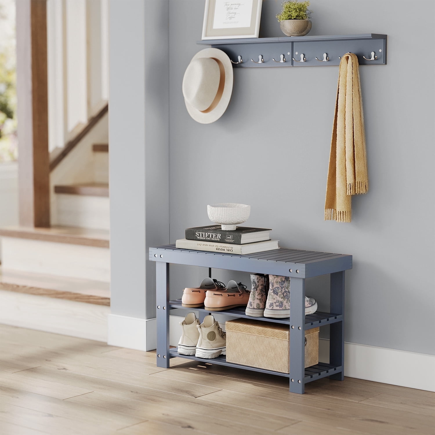 LEDREM 3-Tier Bamboo Shoe Rack Bench, Entryway Storage Organizer with 286 lb Capacity, 27.6 Inch, Grey