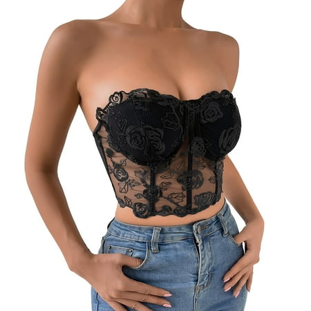 

wofedyo tube tops for women Women s Lace Mesh Rose Tube Top Comfortable And Breathable With Steel Ring est bras for women