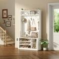 thumbnail image 6 of 5-in-1 Hall Tree Shoe Storage Bench, Entryway Clothes Rack with 7 Hooks, Overhead Storage, White, 6 of 10