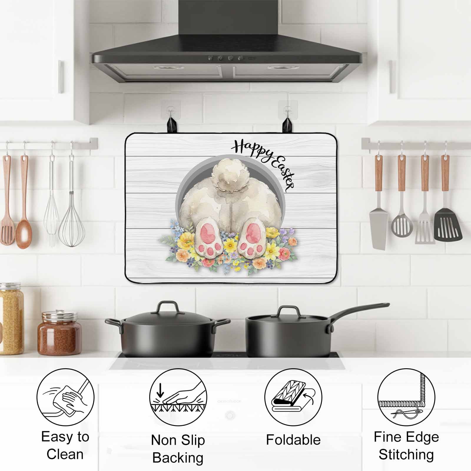 Easter Bunny Stove Top Cover for Electric Stove, Heat-proof & Non Slip Glass Top Stove Cover Protector, 3D Optical Illusion Farmhouse Flower Wood Grain Kitchen Flat Cooktop Rubber Mat 24x21 Inches
