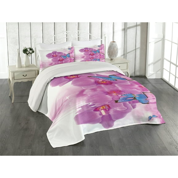 Ambesonne Butterfly Quilted Coverlet 3 Pcs, Orchid Bloom on Water, King Size, Pink Blue White