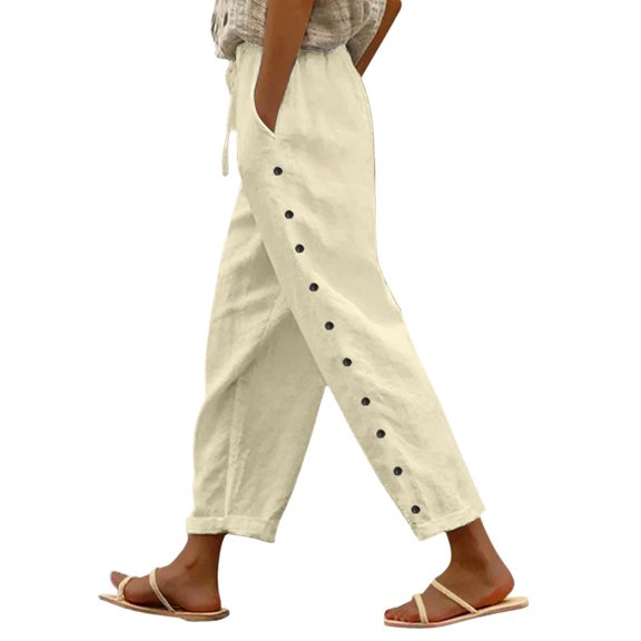 MNCEKFOD Casual Pants for Women Side Buttons High Waisted Wide Leg Slacks with Elastic Drawstring Modern Fit Leisure Trousers Beige L