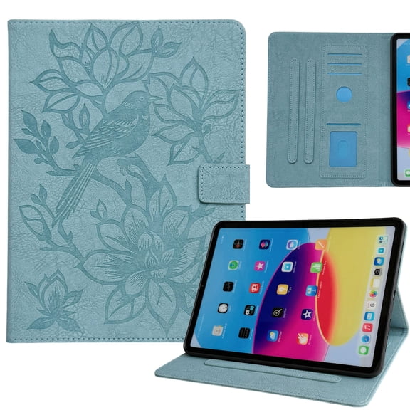 ELEHOLD PU Leather Embossed Floral Pattern Leather Folio Kickstand Case with Card Slots For Samsung Galaxy Tab A11 2025/ Tab A9 2023, 11-inch, Blue