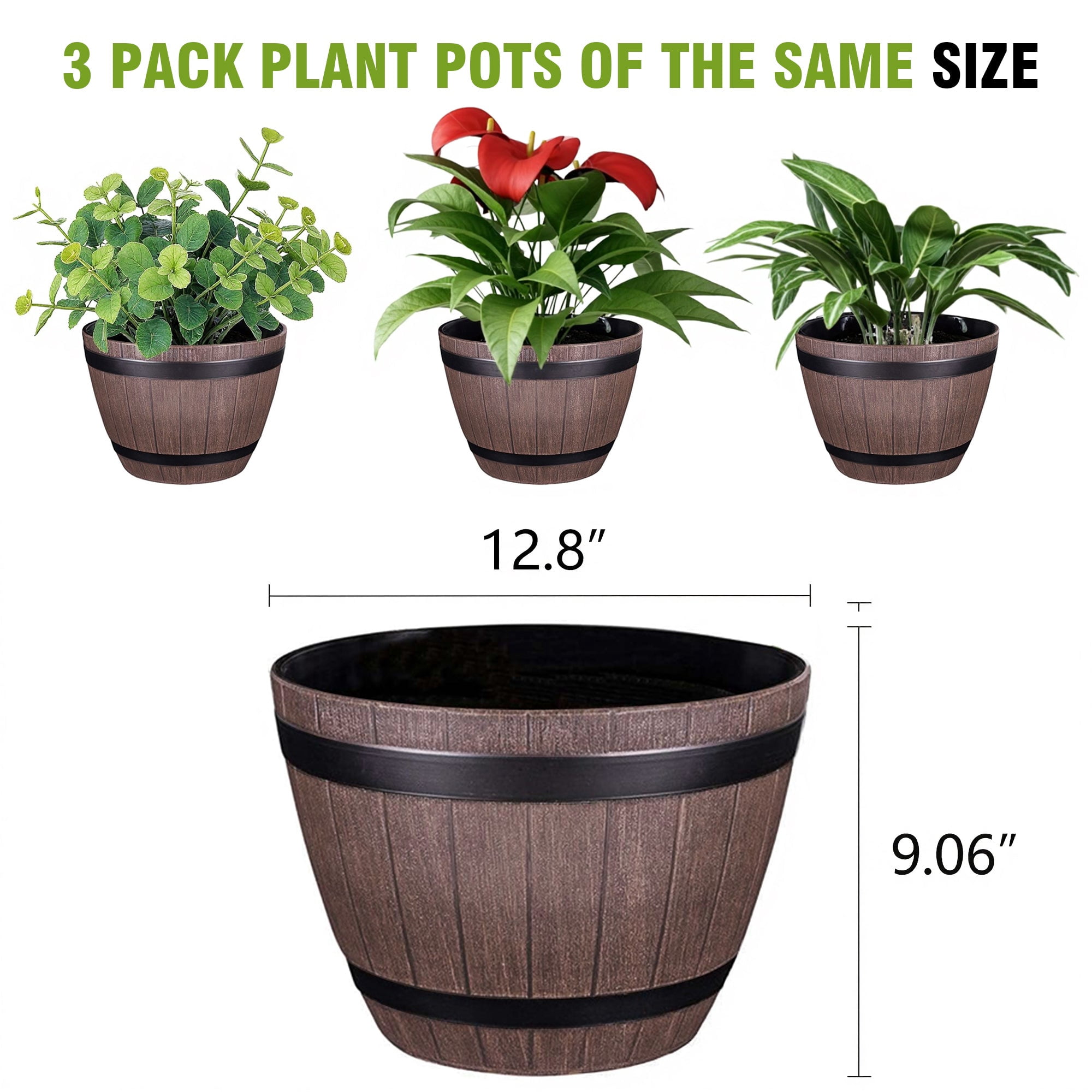 VECELO 3 Pack 13 inch Plant Pots, Whiskey Barrel Planters with Drainage Holes & Saucer, Plastic Imitation Wine Barrel Decoration Flower Pots, for Indoor & Outdoor Garden Home Plants, Reddish-Brown