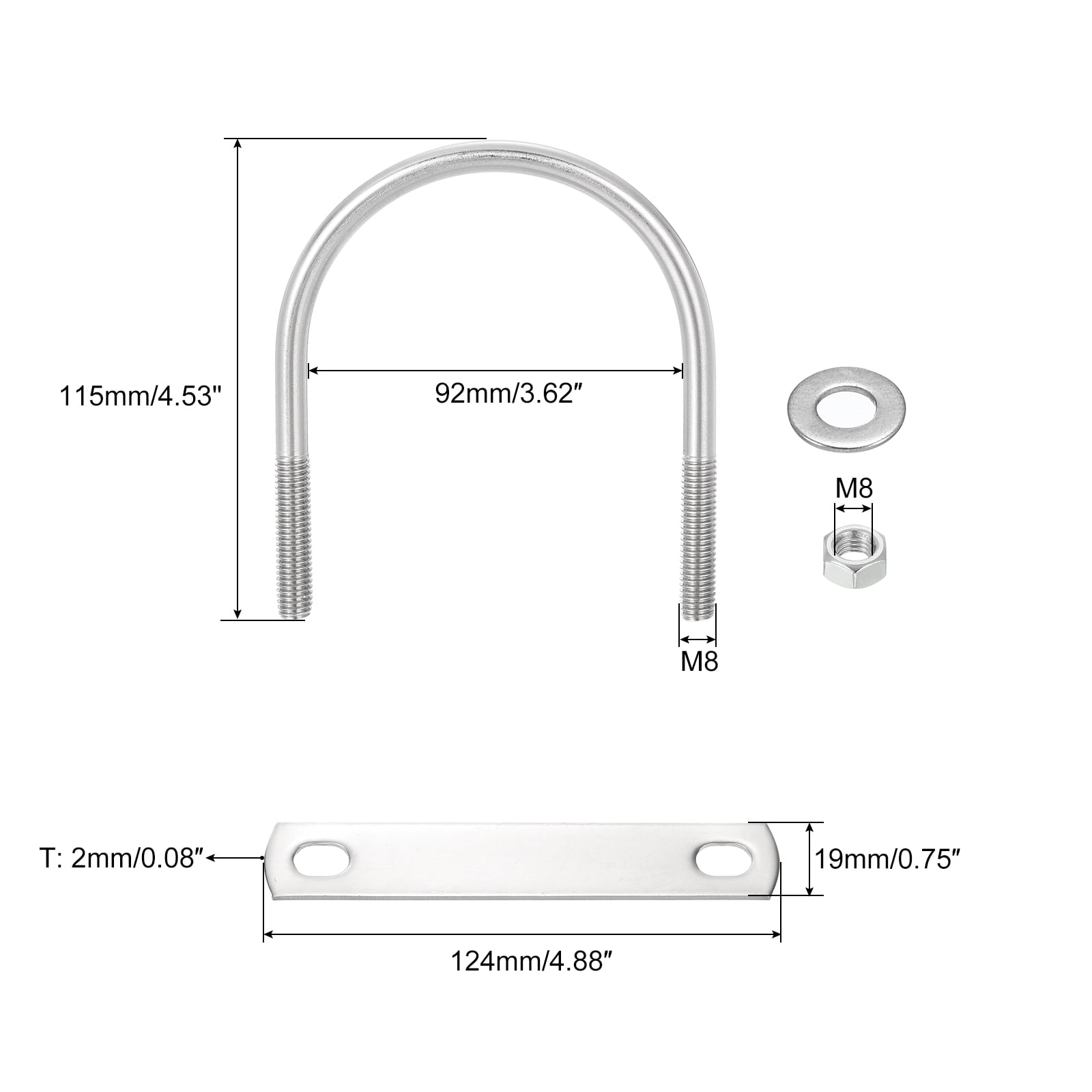 Round U-Bolts, 8 Sets 90mm(3.54") Inner Width 115mm Length M8 304 Stainless Steel U Clamp Bolt with Nuts and Plates