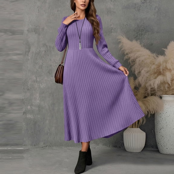 ClodeEU Womens Ribbed Grewneck Long Sleeve Midi Dress,Elegant Fall A Line Tunic Flowy Midi Dress Purple,Womens Plus S
