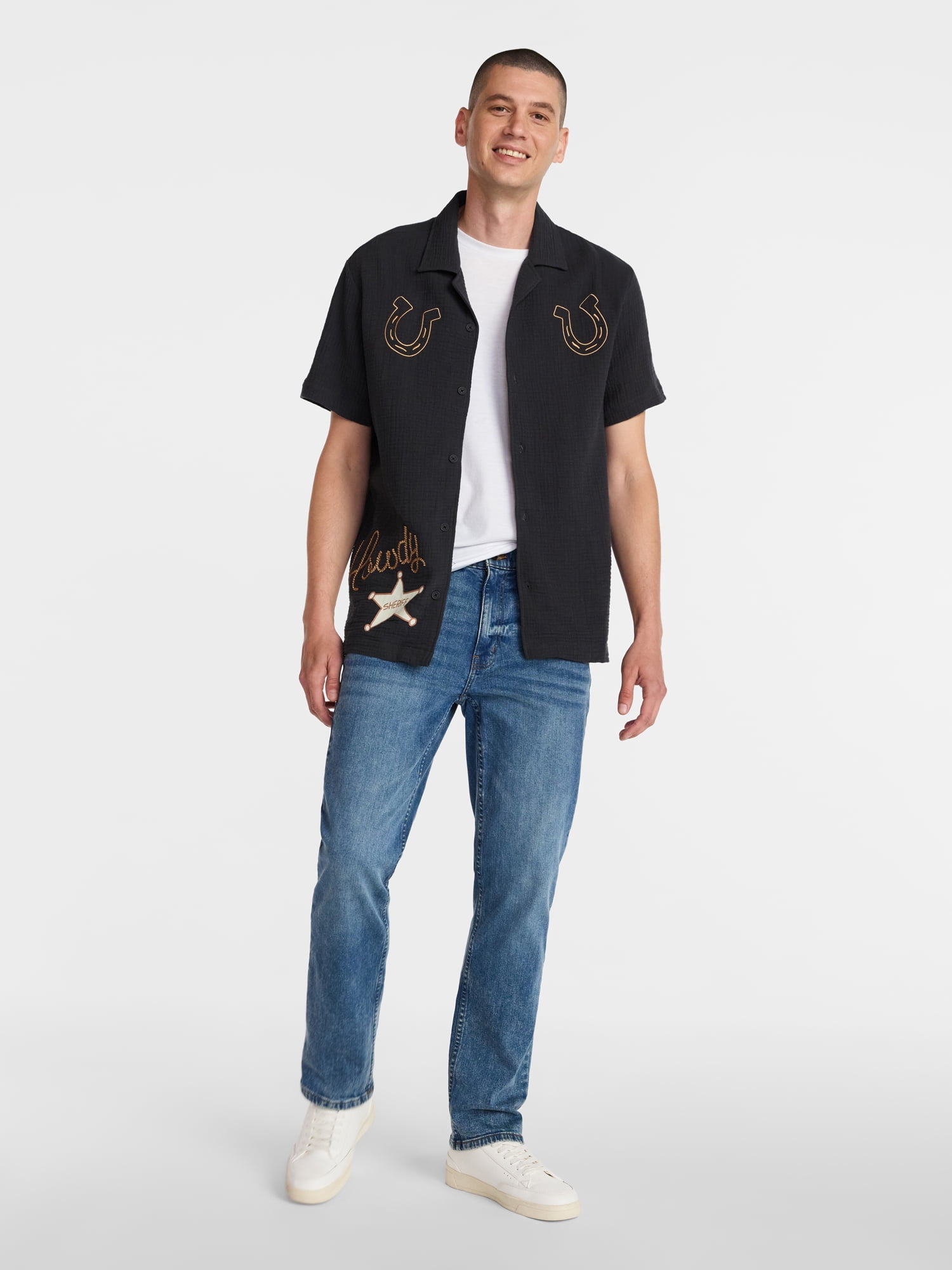 Disney Pixar Toy Story TS5 Men’s Woody and Bullseye Howdy Embroidered Button Up Shirt, Sizes S-3XL