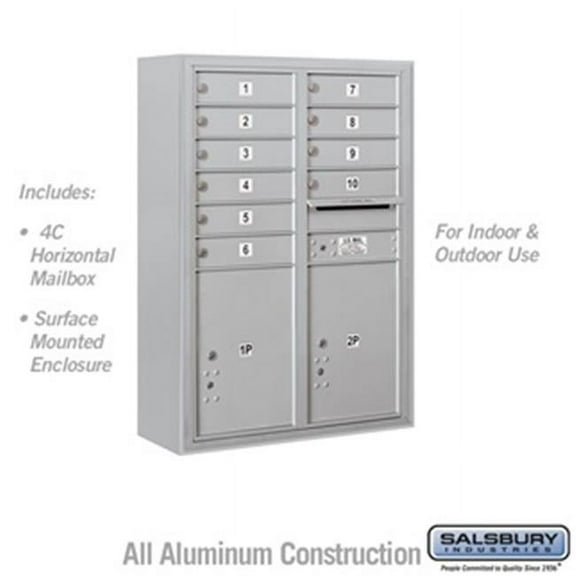 11 Door High Surface Mounted 4C Horizontal Mailbox with 10 Doors and 2 Parcel Lockers in Aluminum with USPS Access