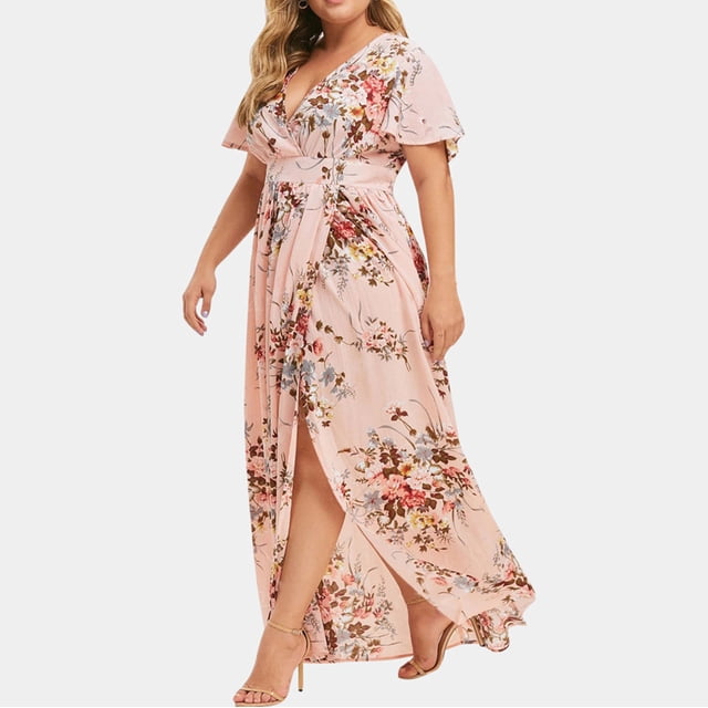 LOVZFMLL Women Plus Size V Neck Floral Print Short Sleeve Boho Dress Pink XL