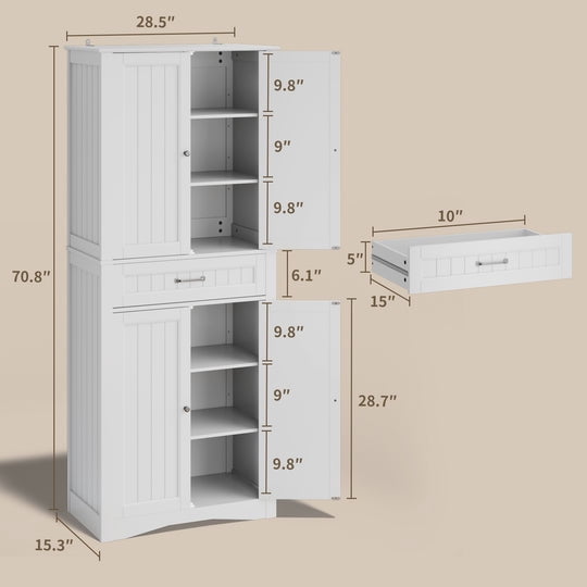 Aiho Storage Cabinet with Drawer, Freestanding Floor Cabinet with Doors, 28.5 x15.3 x70.8 Inches, Adjustable Shelf, for Kitchen, Bathroom, Living Room - White
