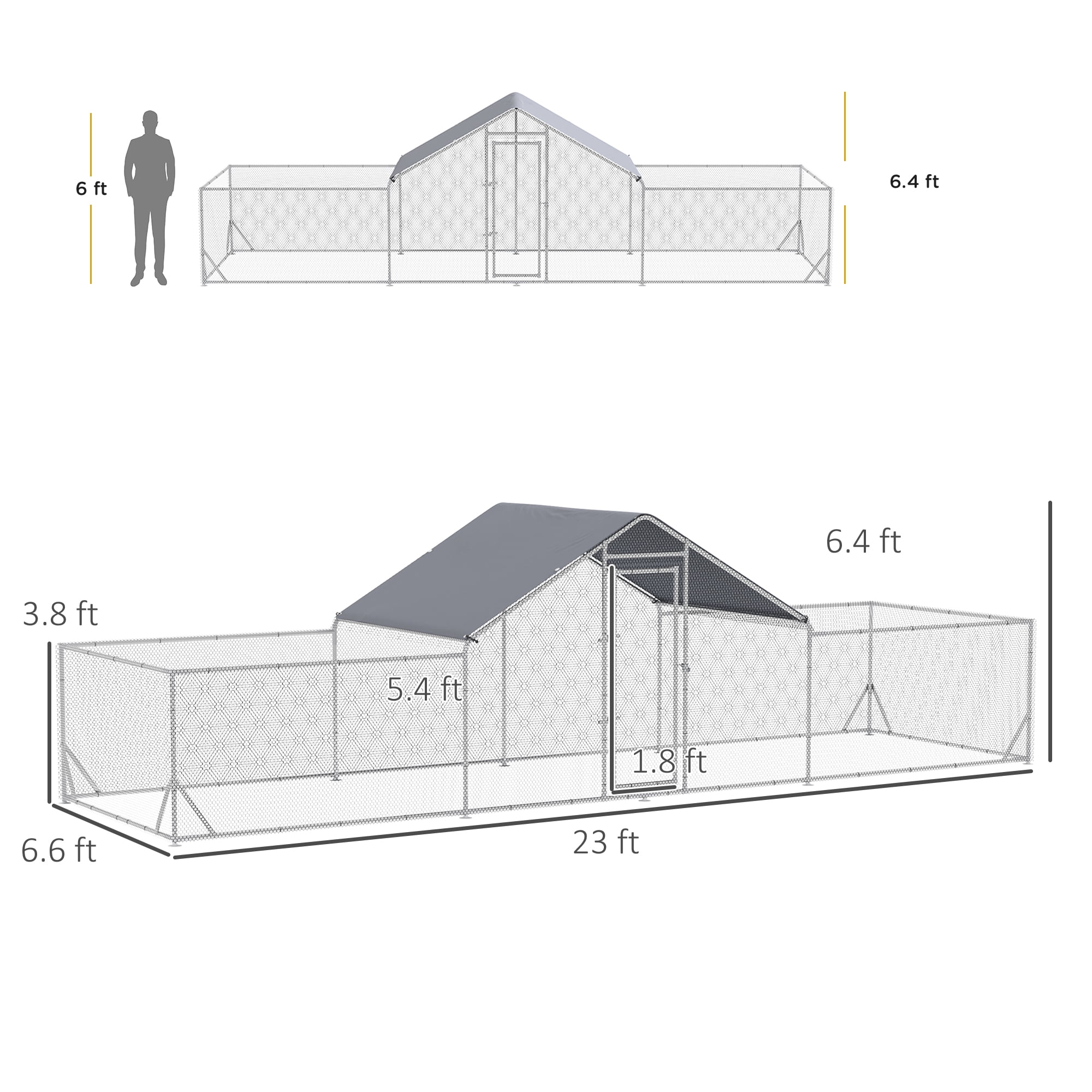 Large Metal Chicken Coop Chicken Run for Chicken, Ducks and Rabbits with Waterproof and Anti-UV Cover, Walk-in Poultry Cage Hen House for Outdoor and Yard Farm Use, 23' x 6.6' x 6.4'