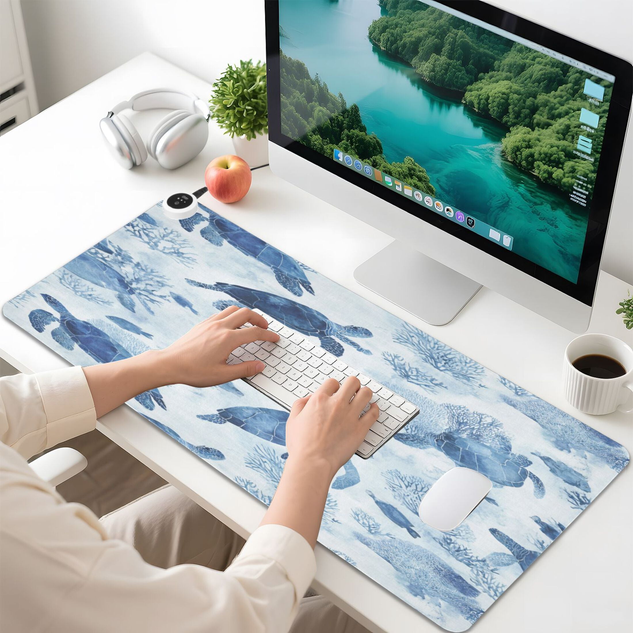 Large Heated Desk Mat Mouse Pad 31.5"x13"PU Leather Graphene Heating Desk Warmer with 3 Temperature Settings 110V US Plug Non-Slip Warm Pad for Home, Office, and Gaming Sea Turtles and Fish Swimming