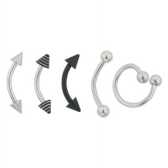 Body Jewelry Women's 16 Gauge Stainless Steel & Bioplast Eyebrow Barbells & Twist in Black & White, 5 Pack