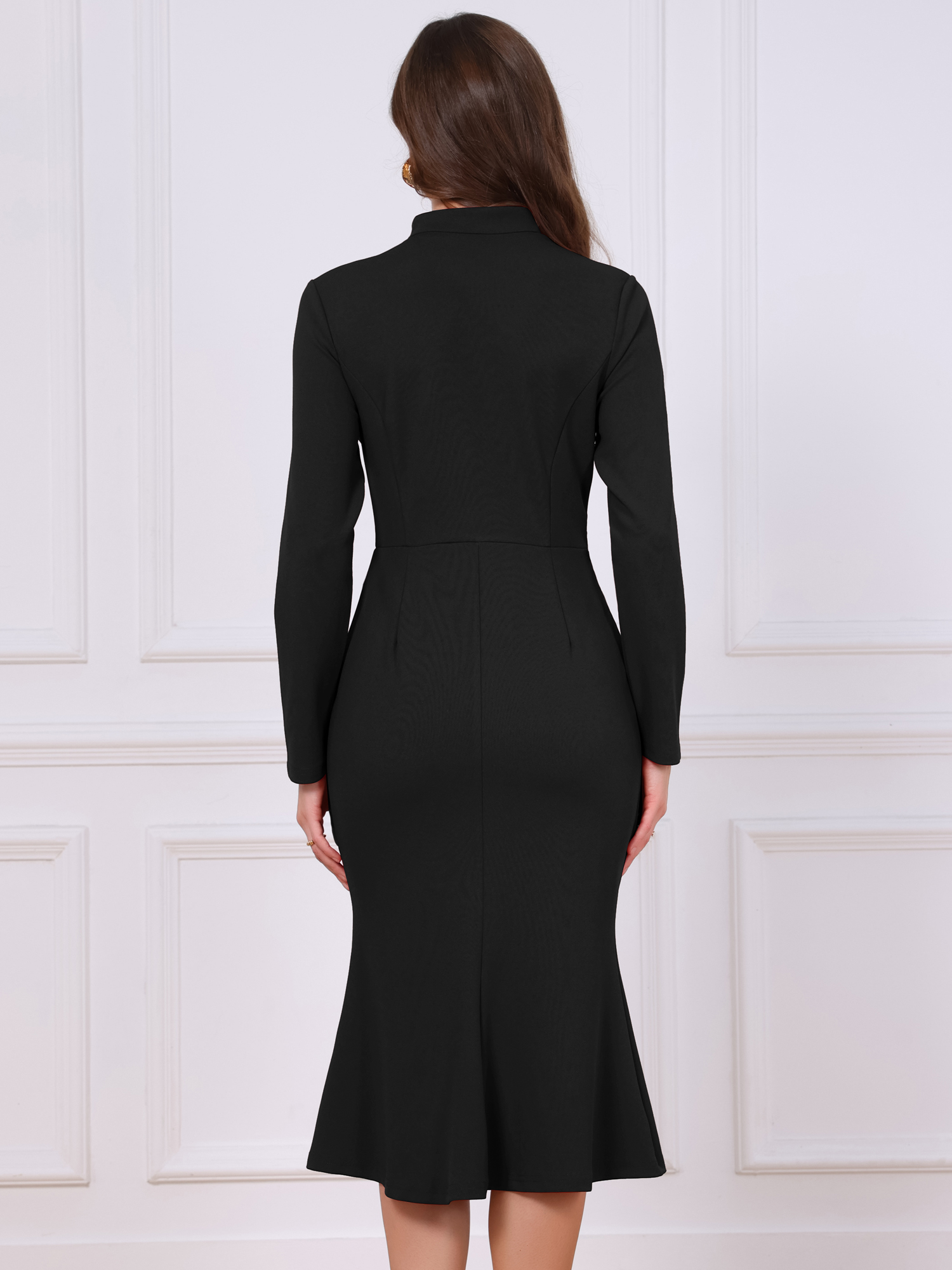 DARING DIVA Women's Midi Fishtail Dress Long Sleeve Stand Neck Work Dress S Black