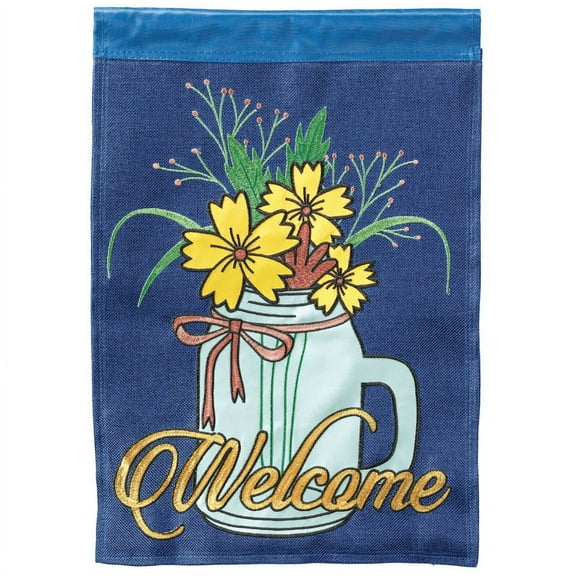 Magnolia Garden Welcome Flowers in Jar 13 x 19 Blue Poly Burlap Outdoor Hanging Flag