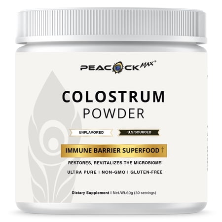 Peacock Max Colostrum Powder – 60g (30 Servings), Unflavored Bovine Colostrum Supplement, Superfood for Hair, Skin & Gut Health, Gluten-Free, Non-GMO