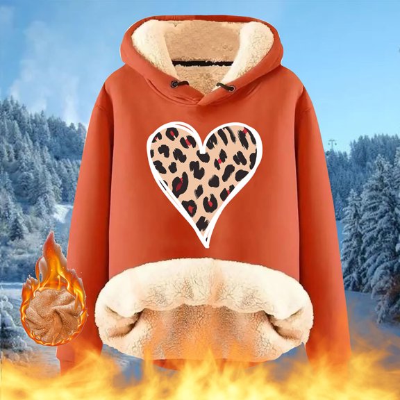 Njoeus Womens Oversized Hoodies Winter Warm Fleece Sweatshirts Long Sleeve Sherpas Lined Pullover Sweater Leopard Heart Printed Fall Outfits Christmas Gifts for Women Orange XL