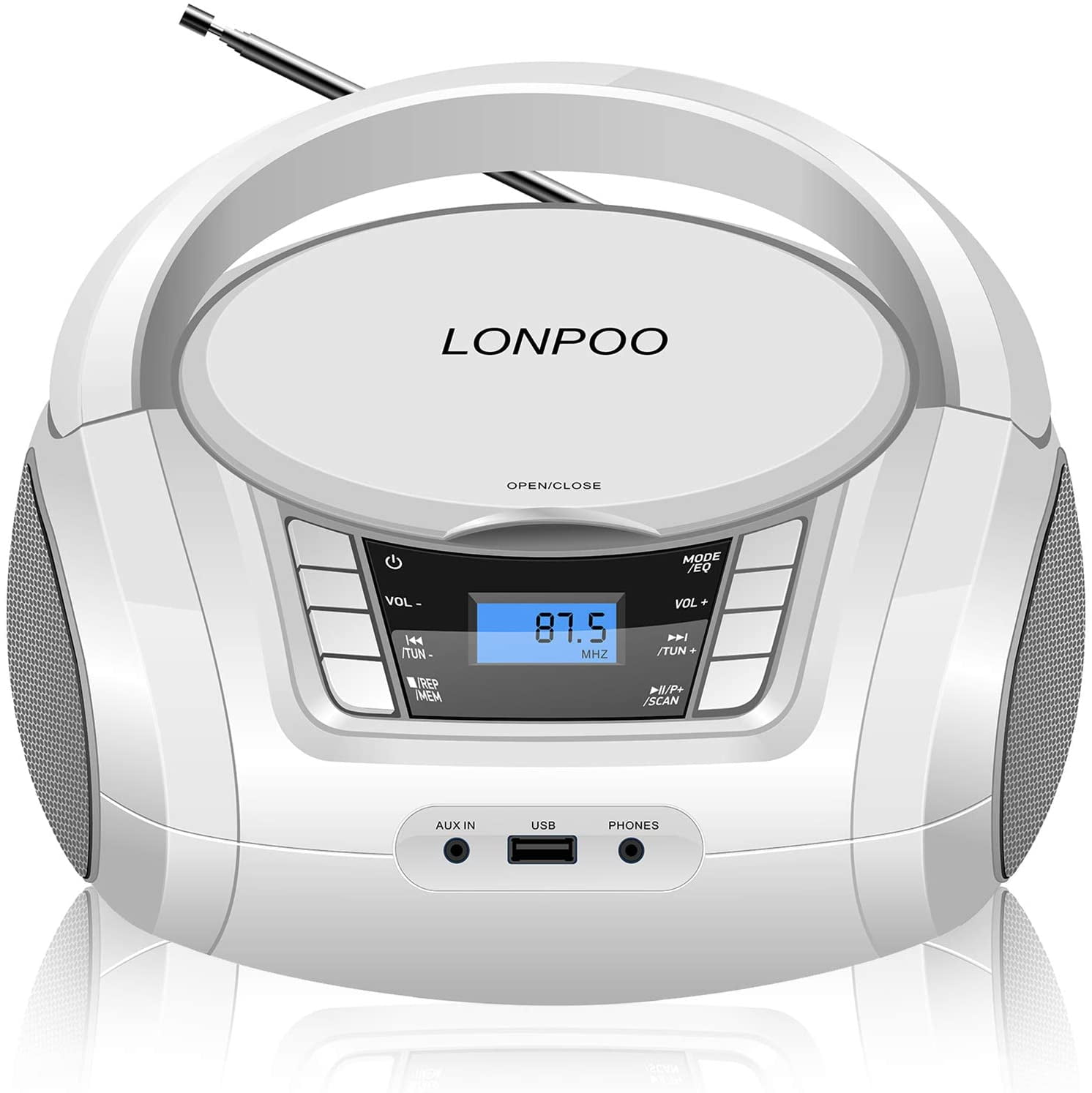 LP-D03 Portable Top-Loading CD MP3 Player (White), Boombox Bluetooth Stereo丨FM Radio Aux in, Headphone Jack and USB Port, Foldable Handle - Walmart.com