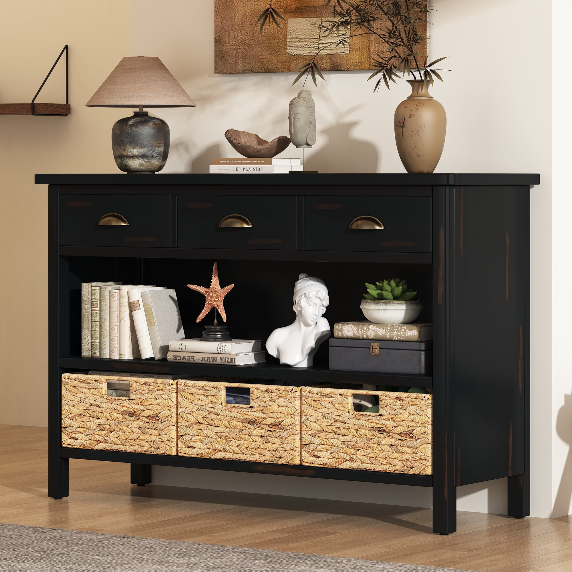 Aukfa Console Table with Drawers & Woven Baskets for Entryway and Living Room,Espresso