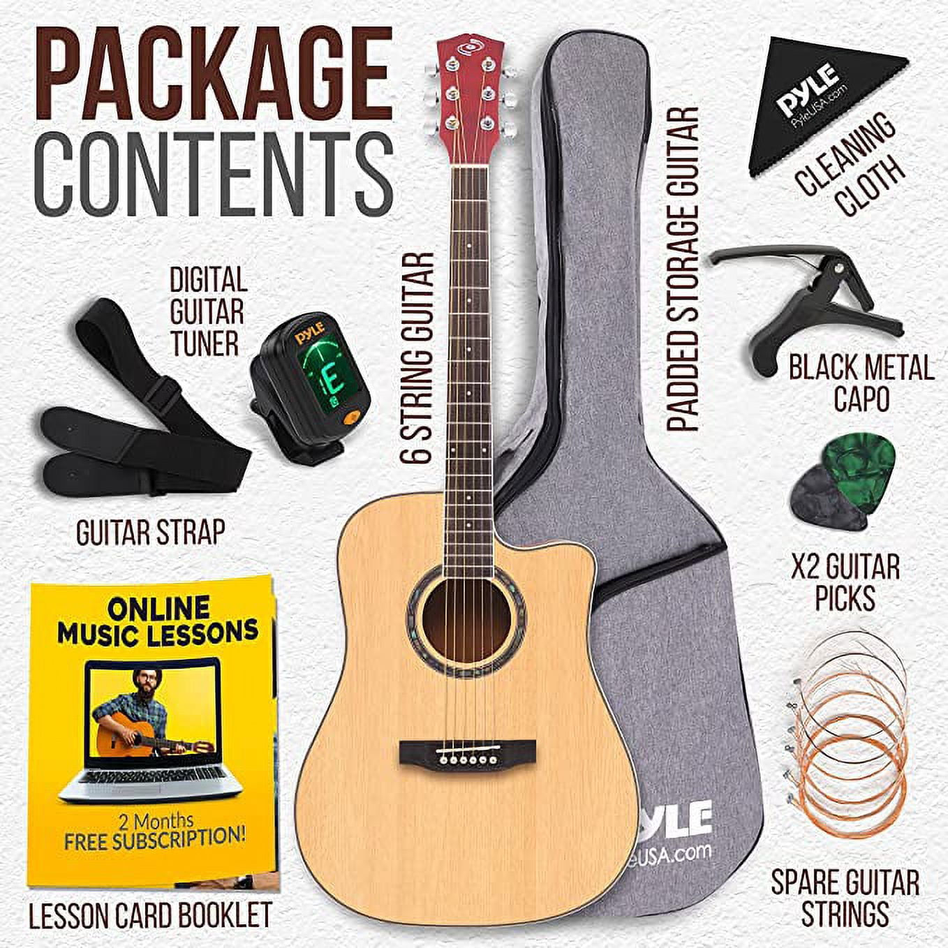 Pyle Full Size Acoustic Guitar Kit, Steel String, Dreadnought Cutaway, with Capo 41” Natural Matte