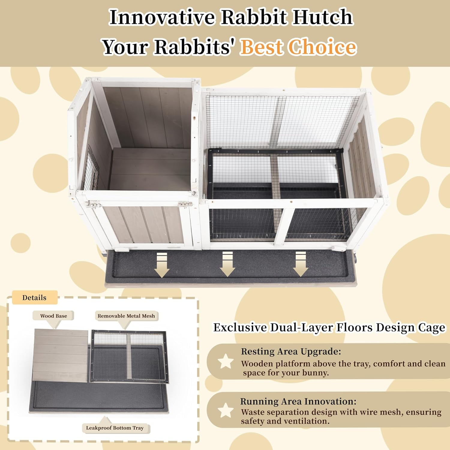 Petscosset Rabbit Hutch Indoor - Rabbit Cage Indoor Rabbit Hutch Two Story Bunny Cage Fir Wooden Rabbit Cage On Wheels, Ramp, Two Deep No Leak Indoor Rabbit Hutch with Pull Out Tray