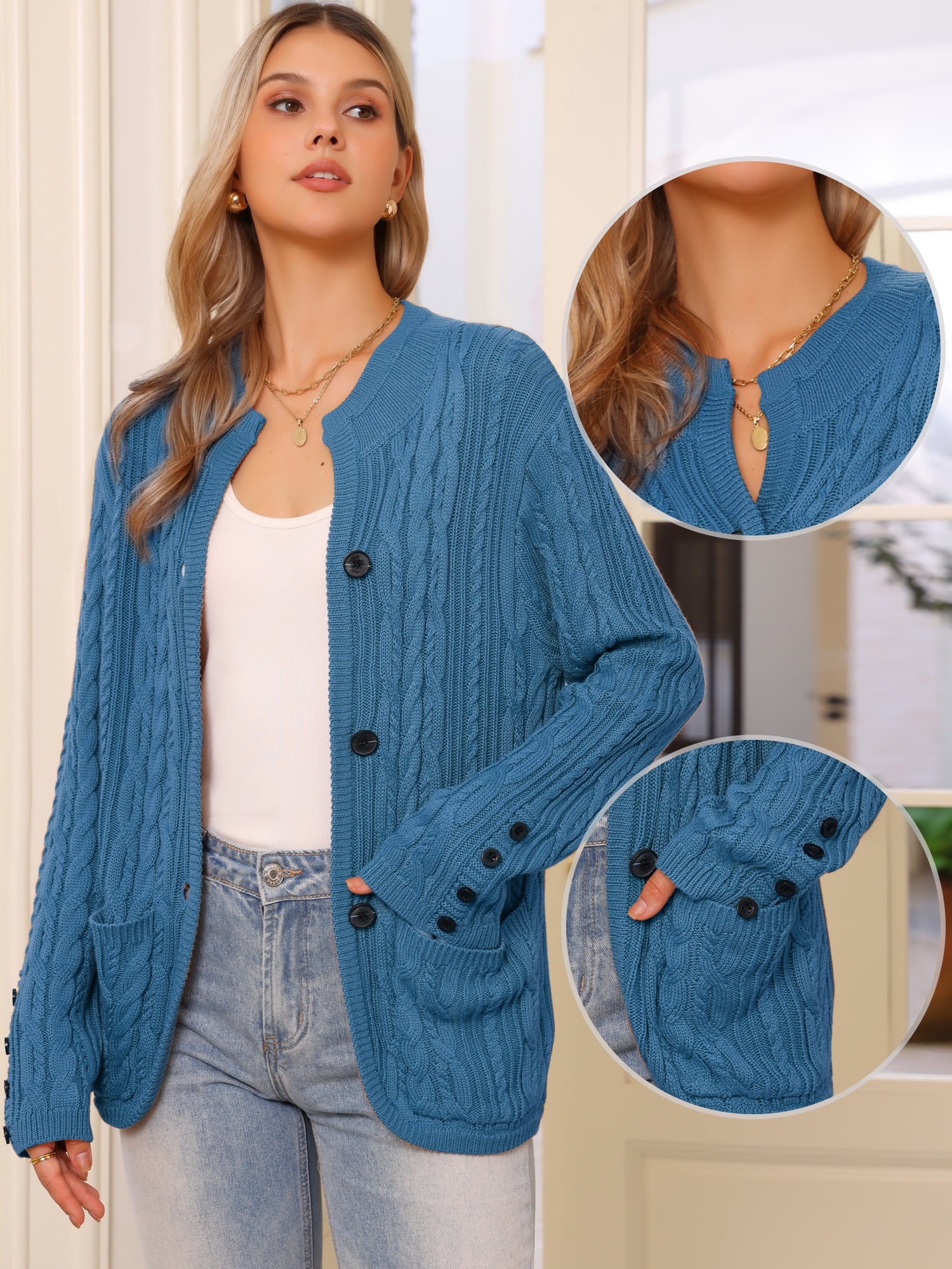 DARING DIVA Women's Cable Knit Open Front Button Up Cardigan Sweaters S Blue