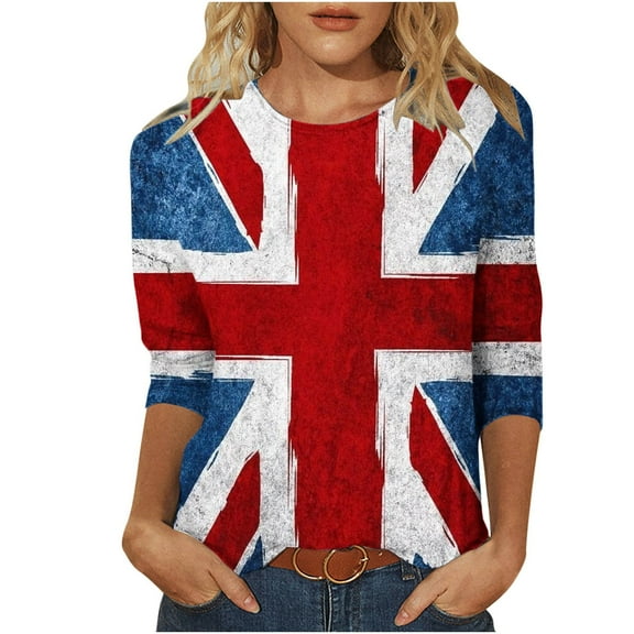WREESH Womens Graphic Tees Great Britain Uk Flag T-Shirts 3/4 Sleeve T-Shirts Vintage Print Shirts Casual Round Neck Blouses Loose Fit Pullover Tunic Tops Red