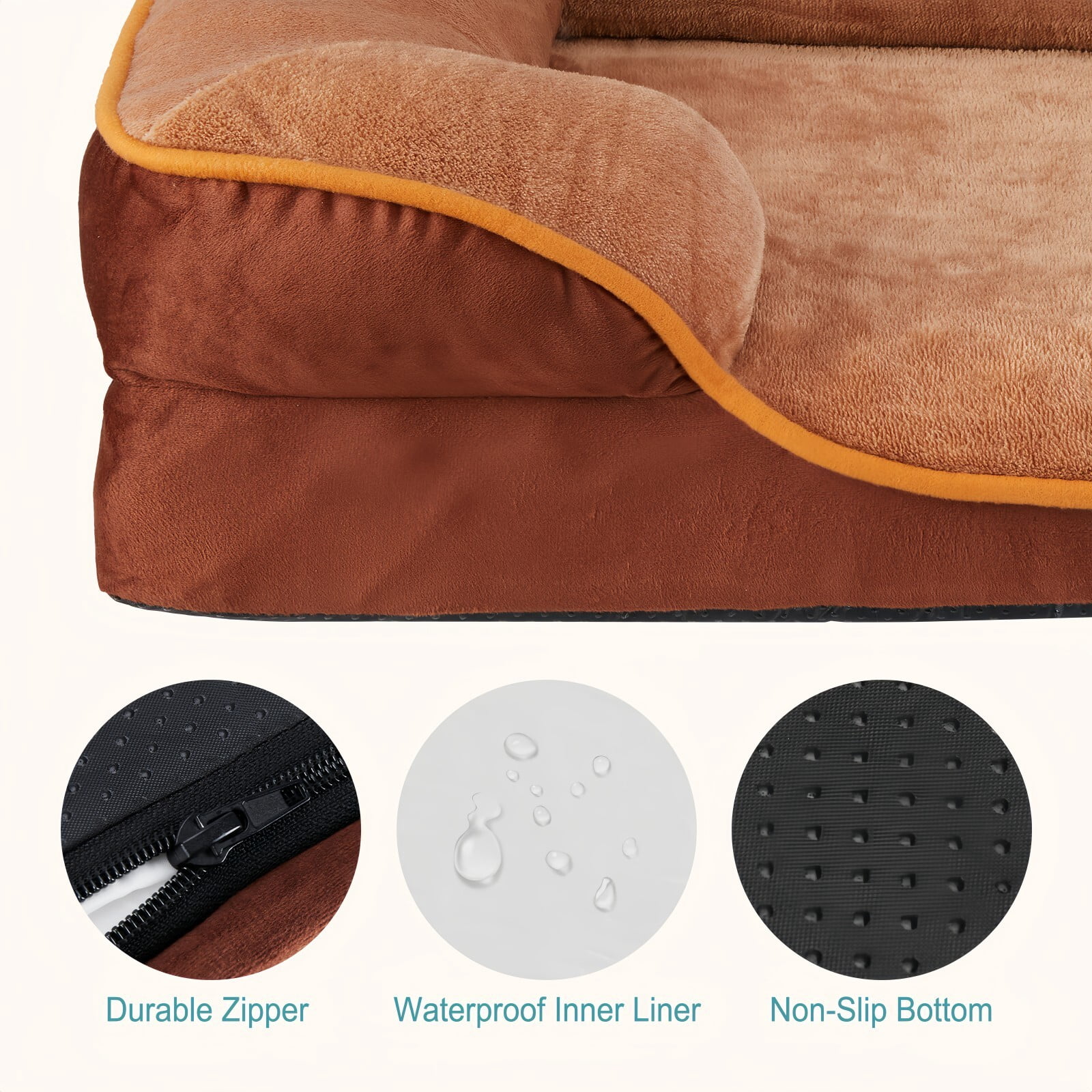 Kelno 42"x32" Orthopedic Dog Bed Supportive Egg Crate Foam Pet Couch Bed with Removable Washable Cover Anti Slip Bottom, Brown