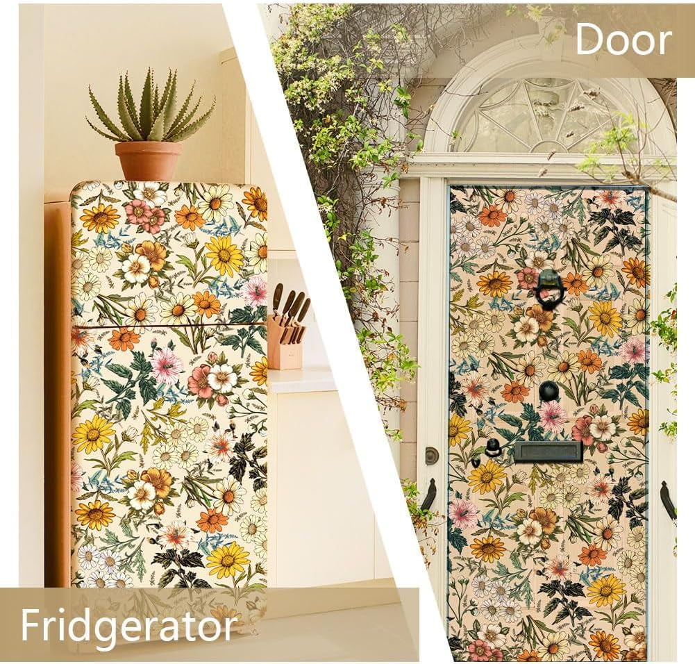 2 Pcs Retro Flower Removable Refrigerator Wraps Self-Adhesive Fridge Stickers Peel and Stick Vinyl Fridge Decals Sticker for Living Room Multi-color