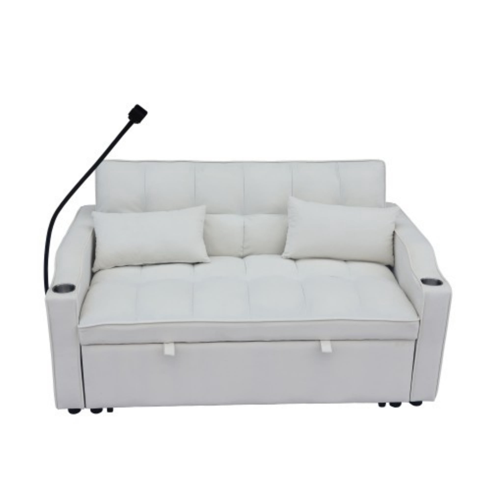Velvet Loveseat Sofa Bed, 3-in-1 Convertible Sleeper Couch with USB Ports, Phone Holder & Pullout Bed, Beige