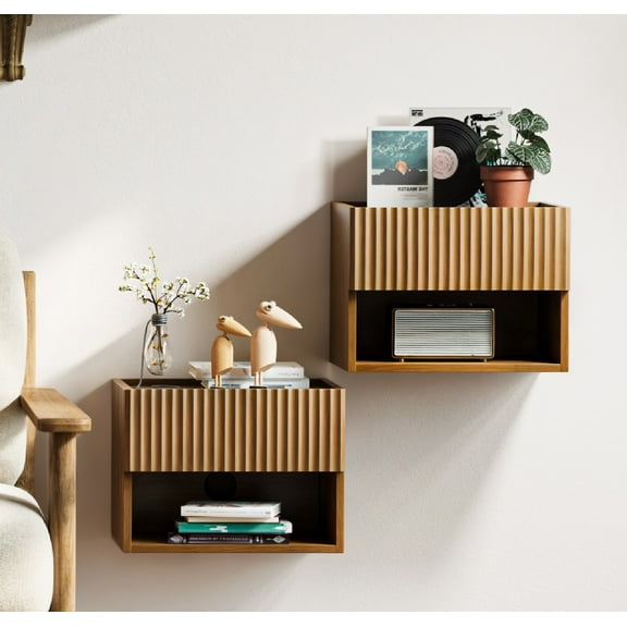 2-Pack Floating Nightstand, Wall Mounted Bedside Table with Storage Drawer - Brown Wood Bedside Cabinet for Small Spaces, Bedroom, Living Room, Hallway or Entryway