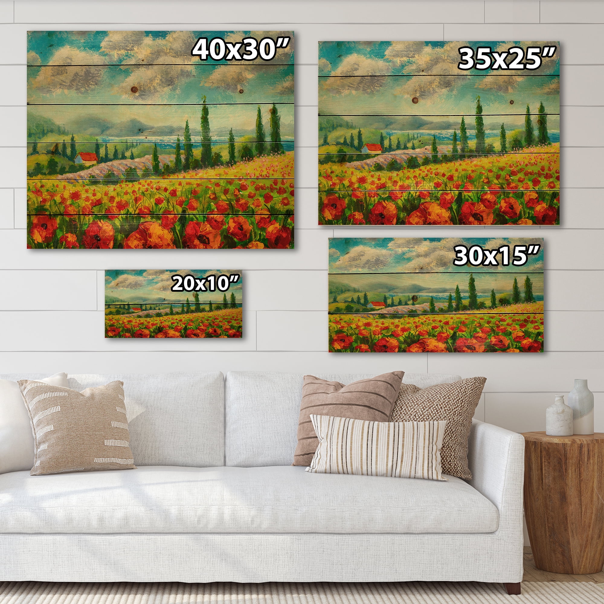 Designart 'Beautiful Landscape With Poppies Flowers By Riverside' Traditional Print on Natural Pine Wood