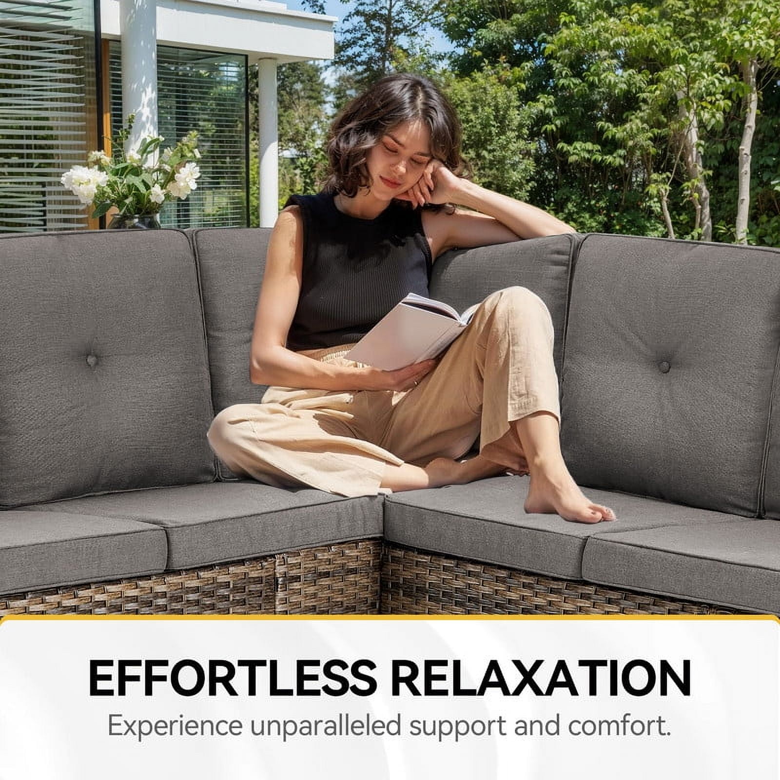 PARKWELL 8-Piece Outdoor Sectional Furniture Set,Patio Wicker L Shaped Couch High Back Conversation Set with Coffee Table Rocking Chair for Garden Yard,Brown Wicker Gray Cushion