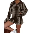 thumbnail image 2 of Women'S Striped Knit Collared Long Sleeve Top and Shorts Two-Piece Outfit Set Brown L, 2 of 9
