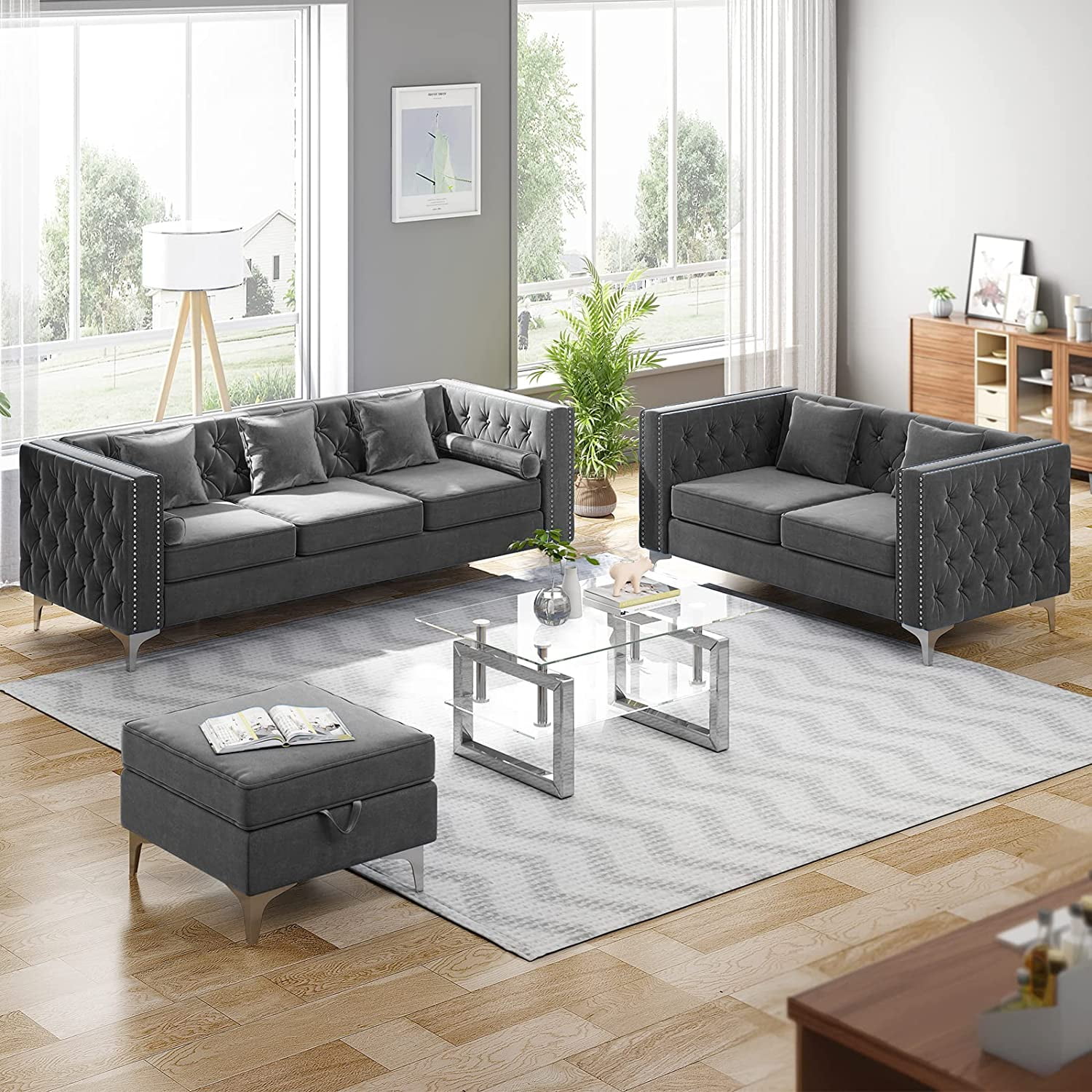 Mjkone Convertible Sectional Sofa Couch with Storage Ottoman, 3 Pcs