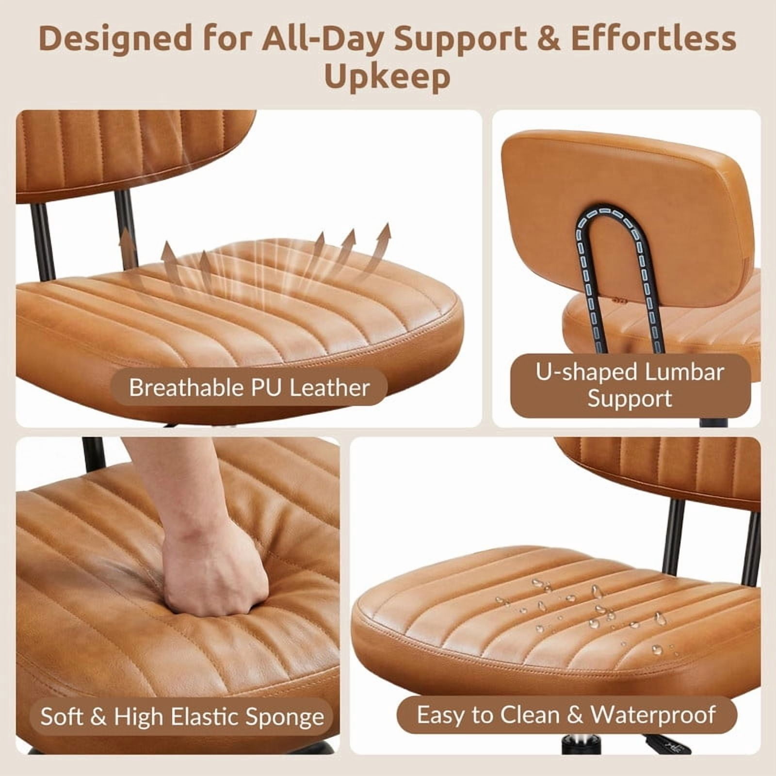Kelno Armless Desk Chair Height Adjustable Swivel Rolling PU Leather Task Chair with Lumbar Support, Brown