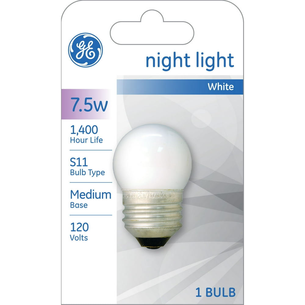 GE Incandescent 7.5Watt, S11 White Night Light Bulb, E26 Medium Base