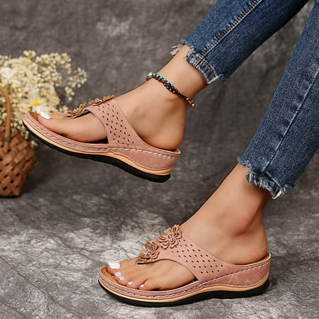 CHOII Clearance Women s Fashion Sandals Round Toe Clip Buckle Flat Bottom Side Hollow Large Size Sandals Comfortable Shoes With Ergonomic Soles Flip Flops Ankle Strap Sandals Thong Sandals Gold/8.5