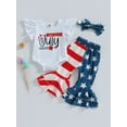 thumbnail image 3 of Hirigin Toddler Baby Girl Happy 4th of July Clothes Outfit 6 9 12 18 24 Months Flying Sleeve Romper Star Stripe Flare Pants Headband Set, 3 of 8