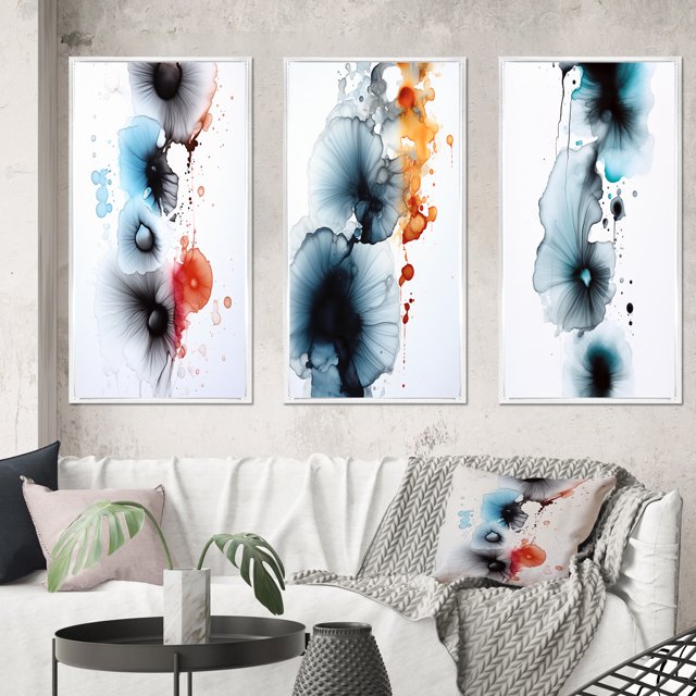 Designart "Passion Found Turquoise and Red Ink Cloud" Abstract Painting Framed Wall Art Set Of 3 - Turquoise Modern Frame Gallery Set For Office Decor
