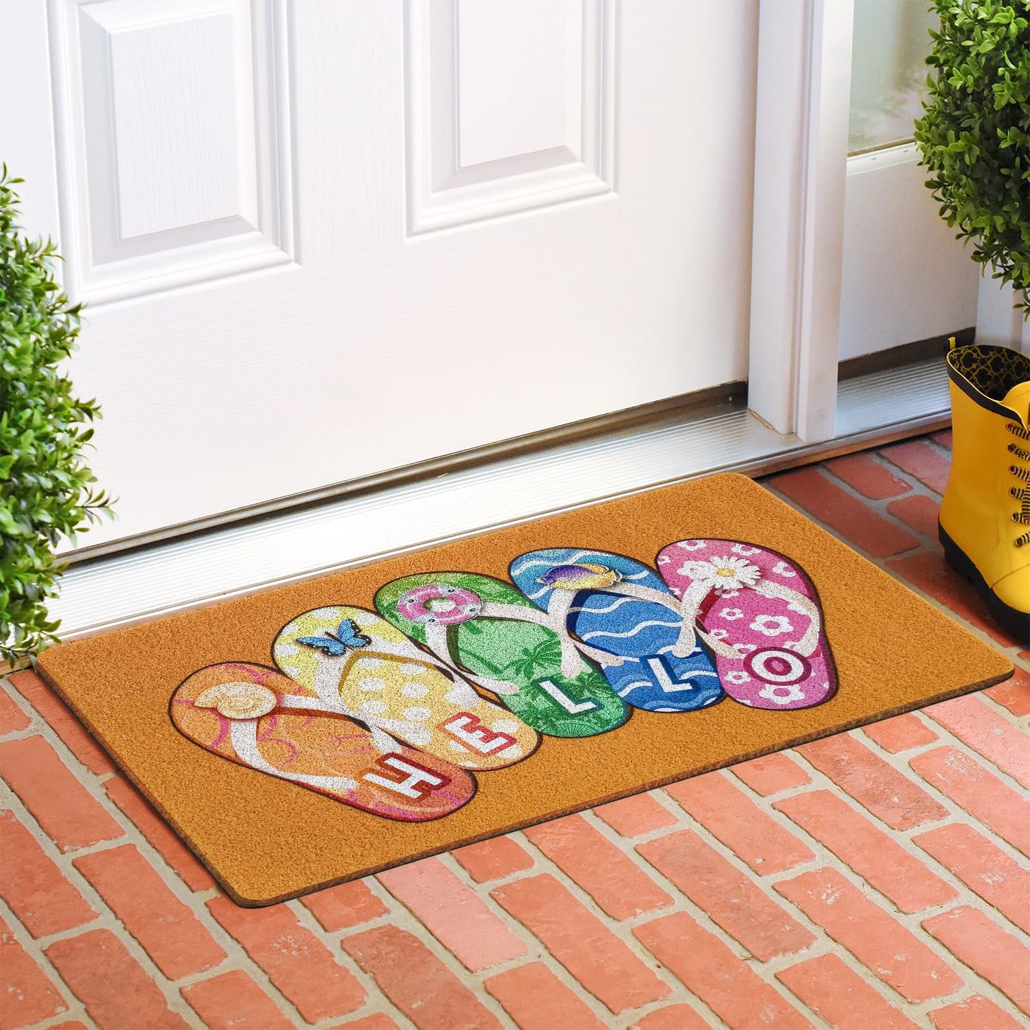 Summer Hello Flip Flops Coir Door Mat for Front Door, Nautical Beach Slippers Outdoor Welcome Mats for Entrance,Garden,RV,Patio,Home Porch Decor Doormat 30x17 Inch